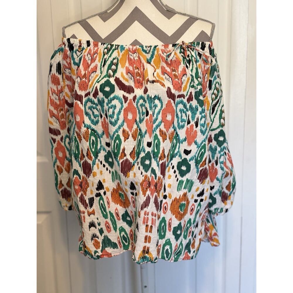 Linen Blend By Hester & Orchard Sz L Floral 3/4 Sleeve Off Shoulder Top Boho